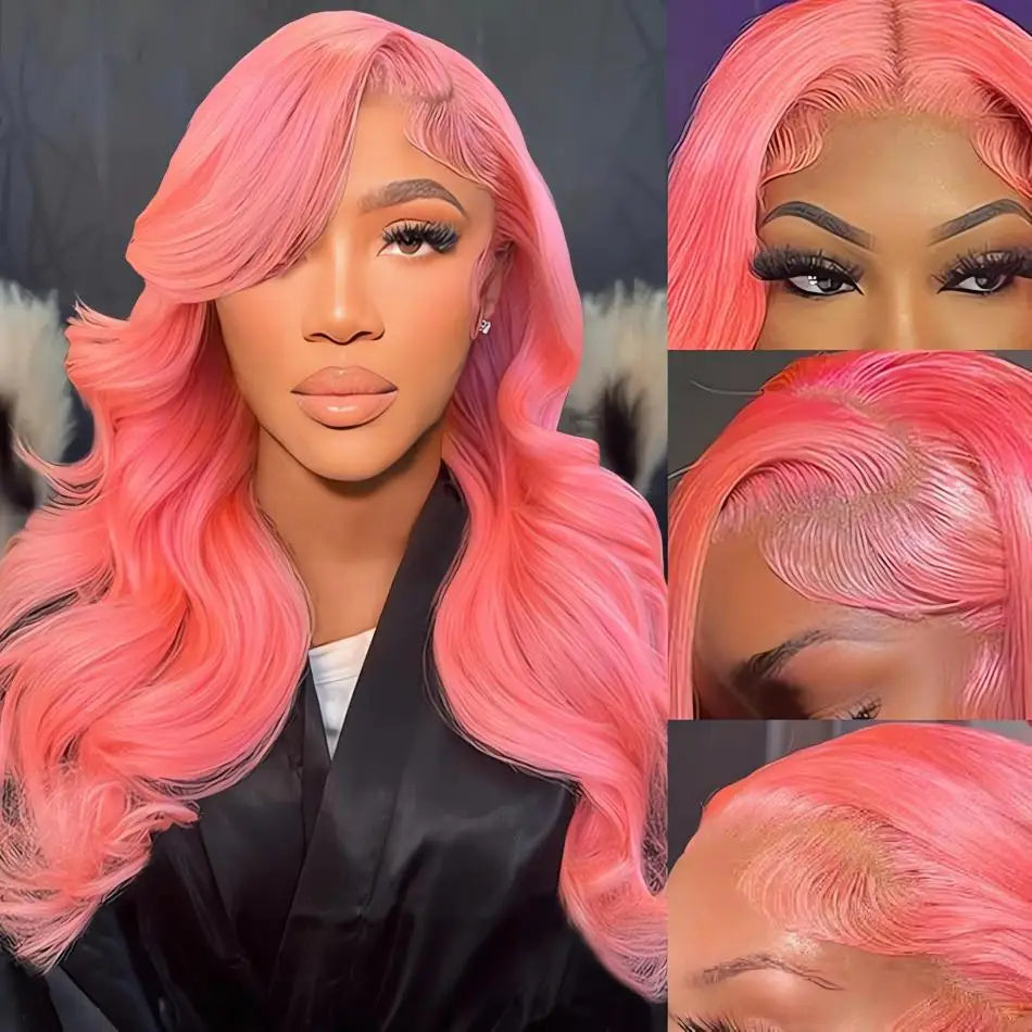 Rose Pink Lace Front Human Hair  Transparent Lace Frontal Wig