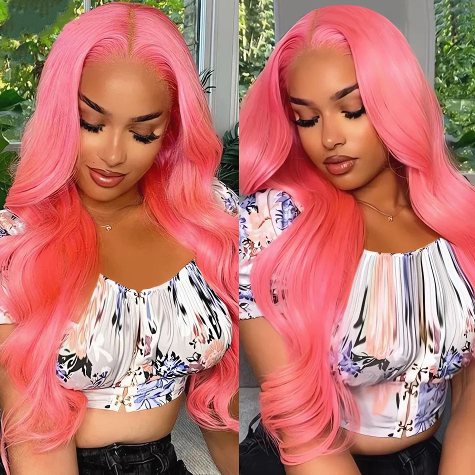 Rose Pink Lace Front Human Hair  Transparent Lace Frontal Wig