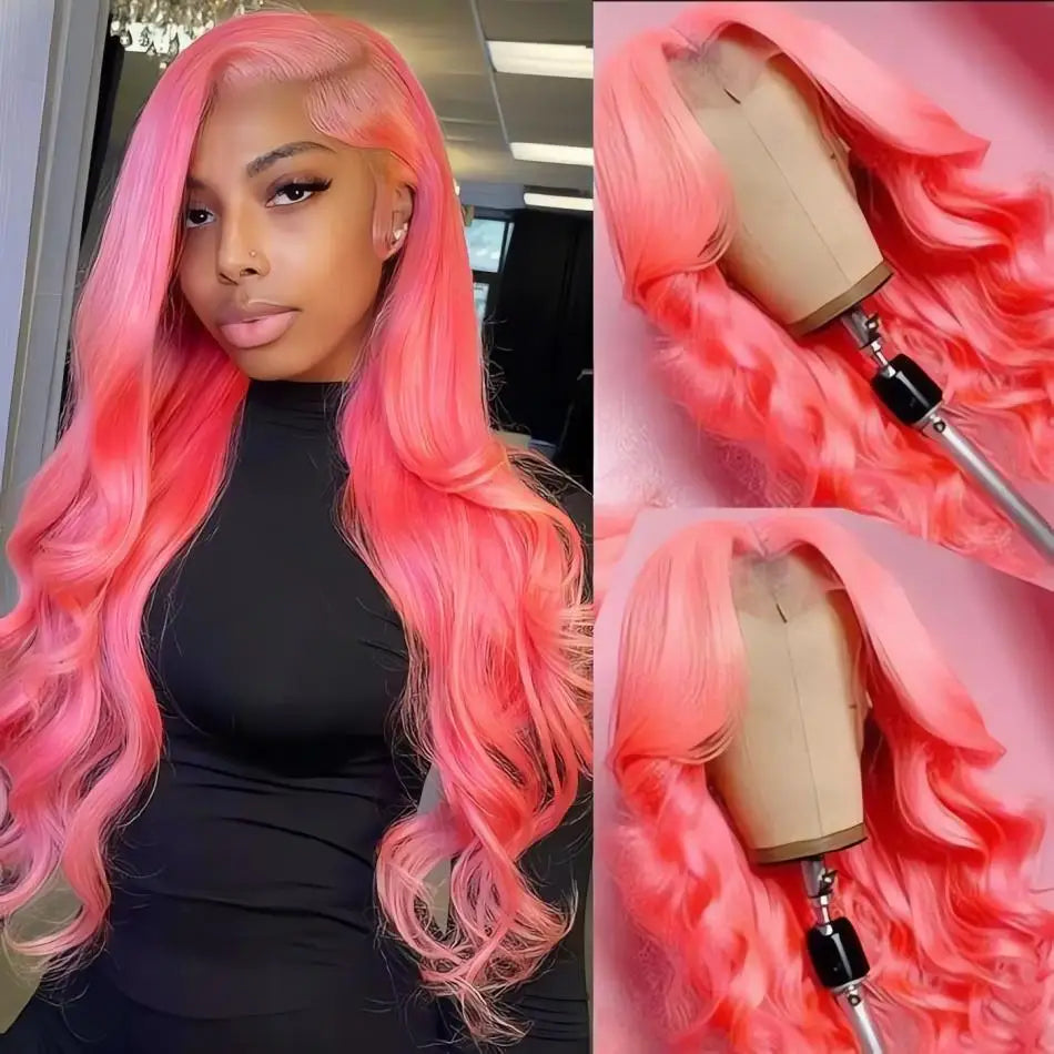 Rose Pink Lace Front Human Hair  Transparent Lace Frontal Wig