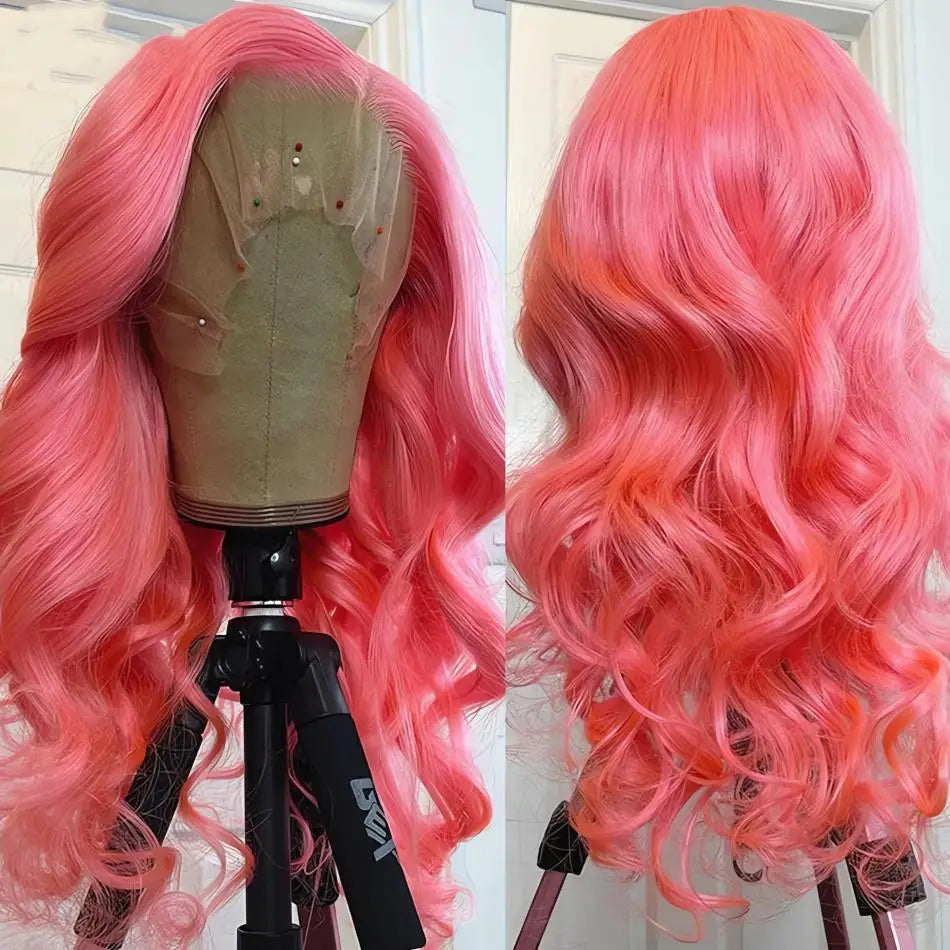 Rose Pink Lace Front Human Hair  Transparent Lace Frontal Wig