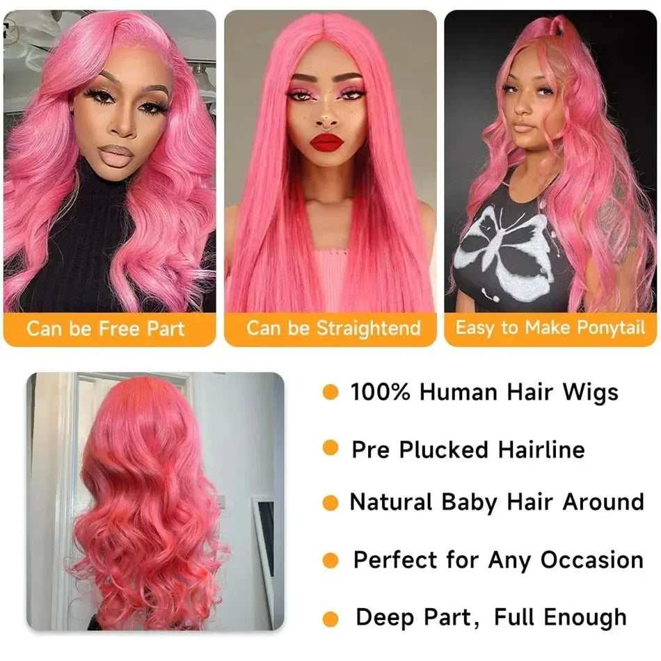 Rose Pink Lace Front Human Hair  Transparent Lace Frontal Wig