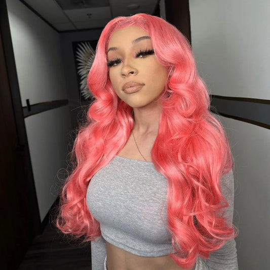 Rose Pink Lace Front Human Hair  Transparent Lace Frontal Wig