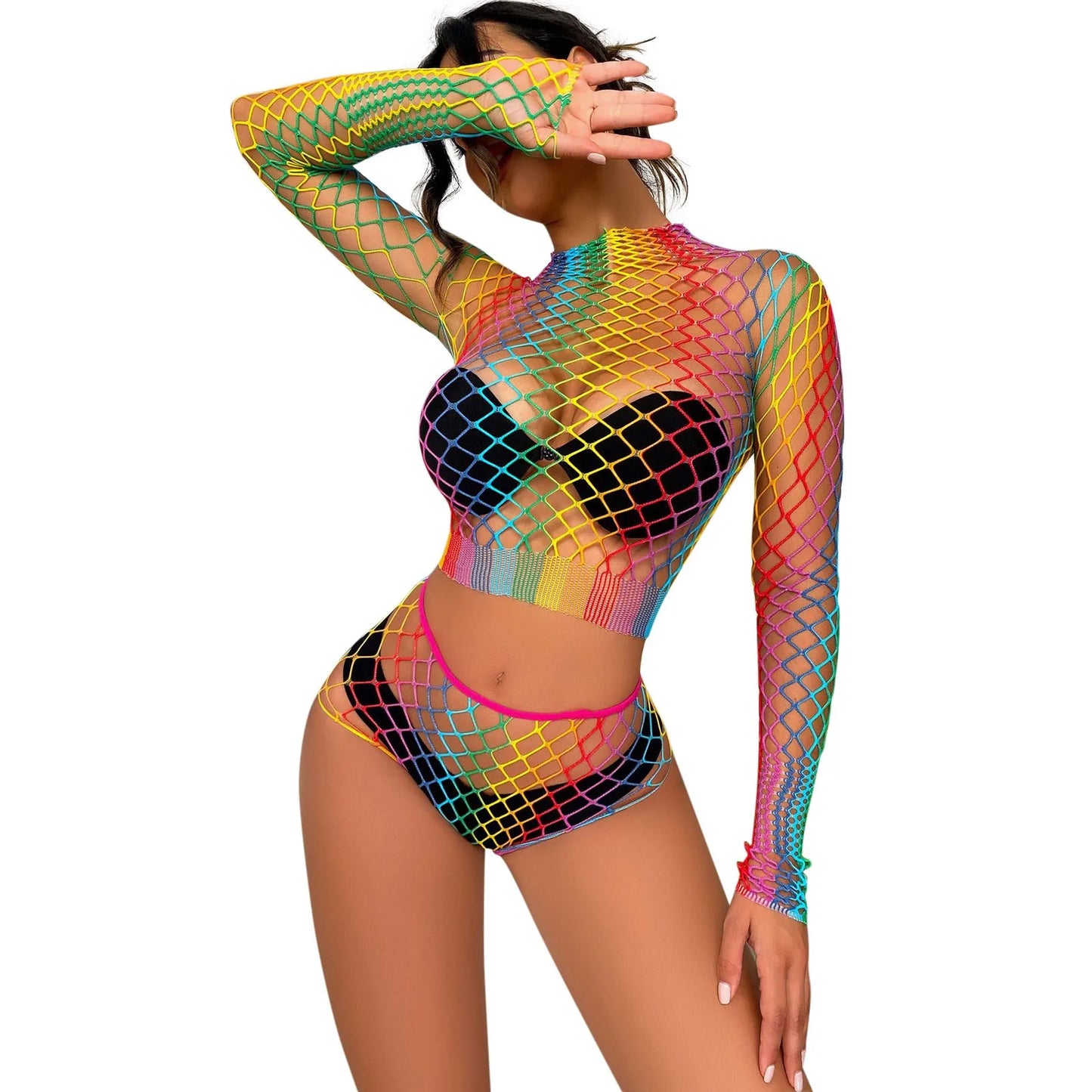 Women Rainbow Fishnet Bodysuit