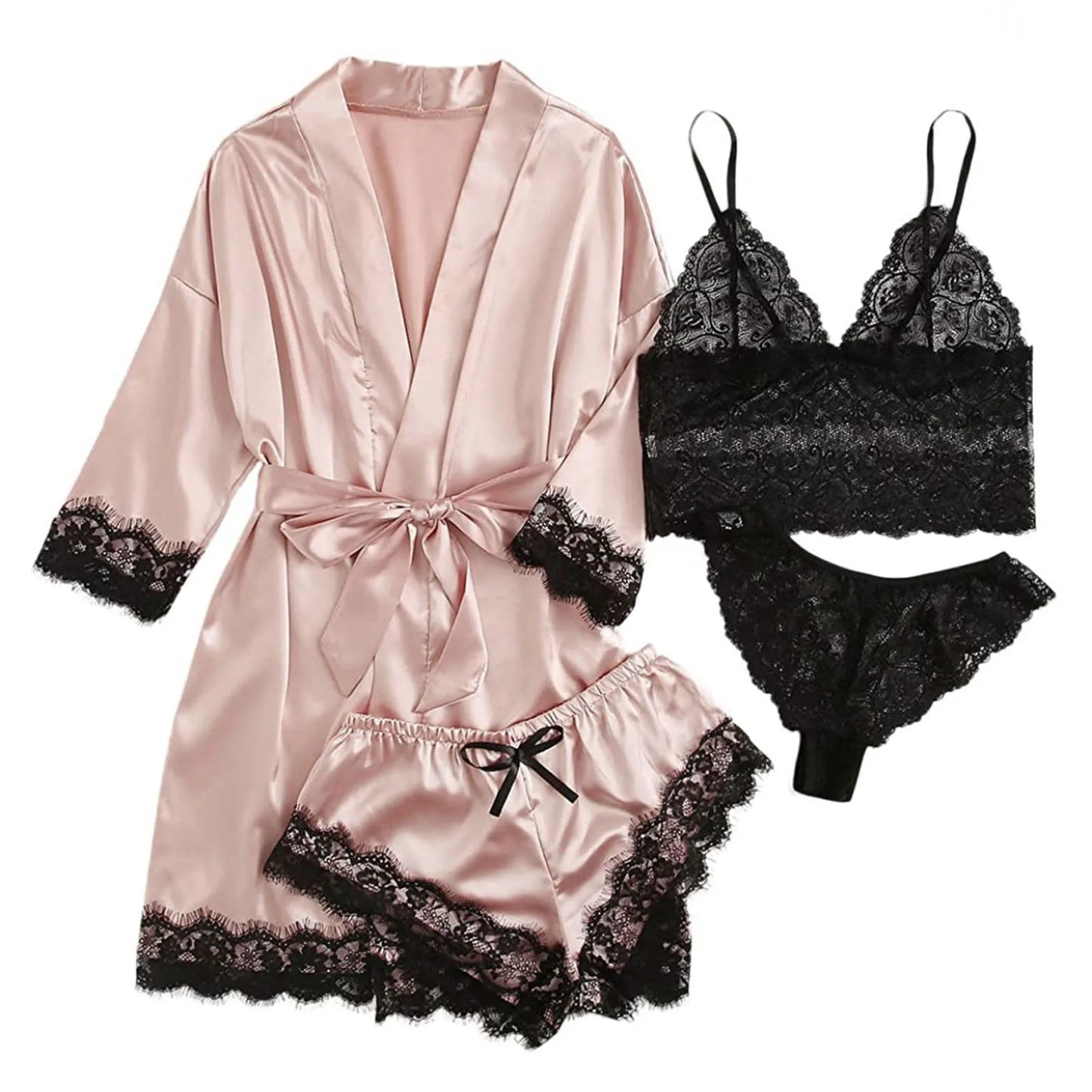 Women' Silk Satin Pajamas Set 4pcs