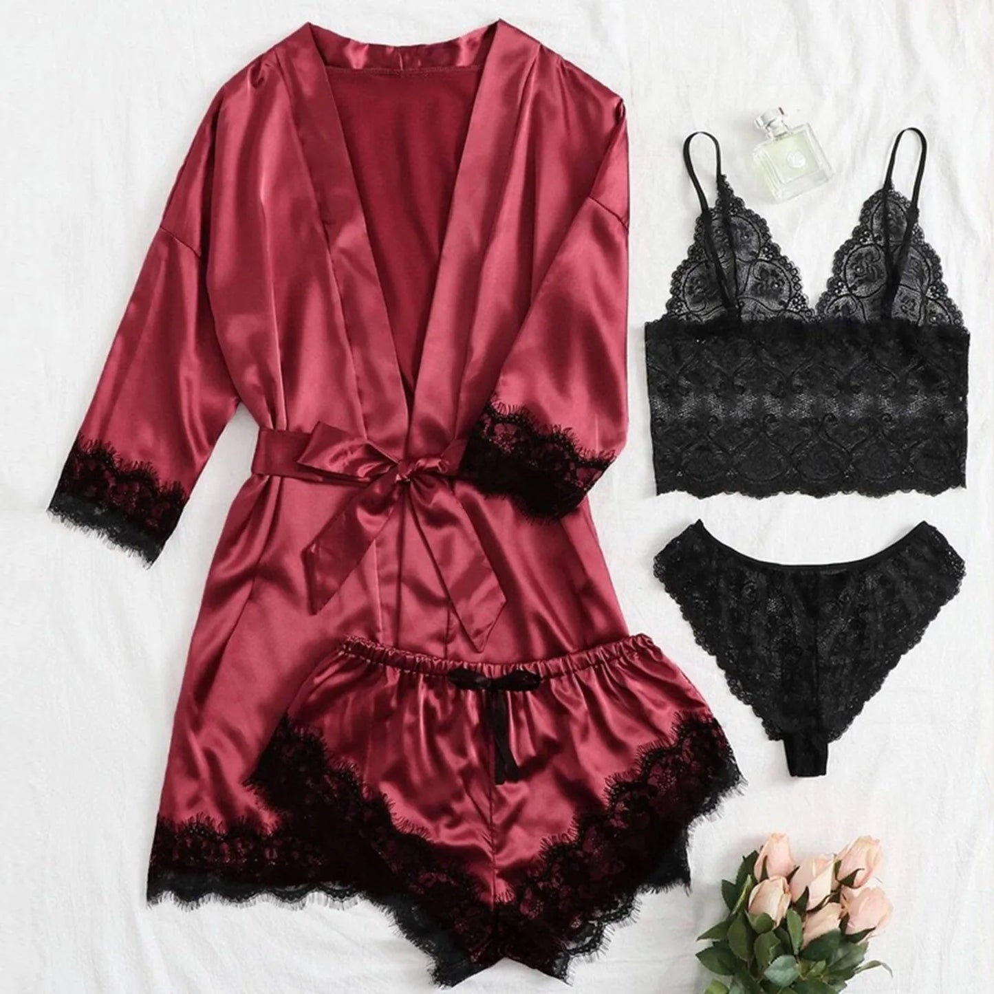 Women' Silk Satin Pajamas Set 4pcs