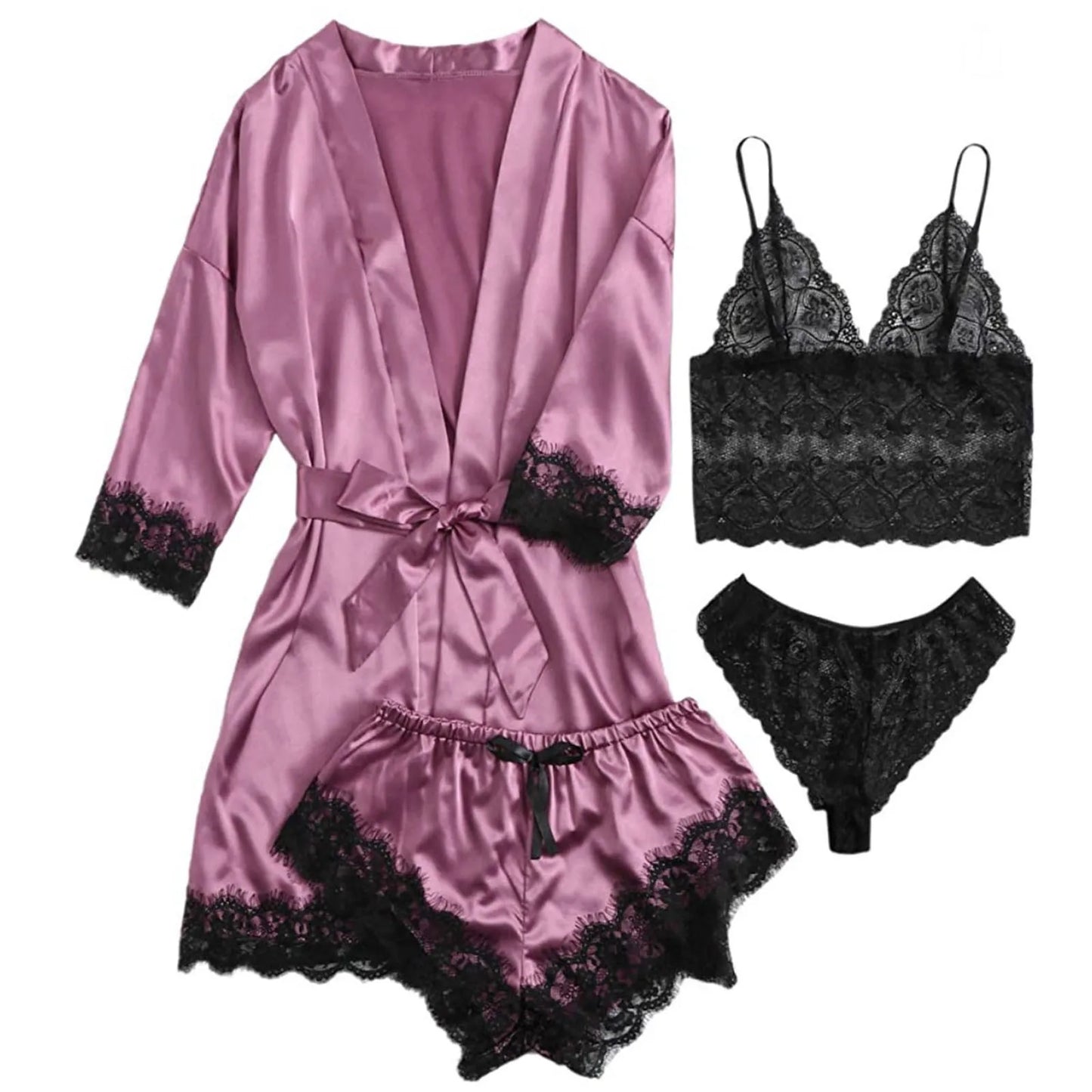 Women' Silk Satin Pajamas Set 4pcs