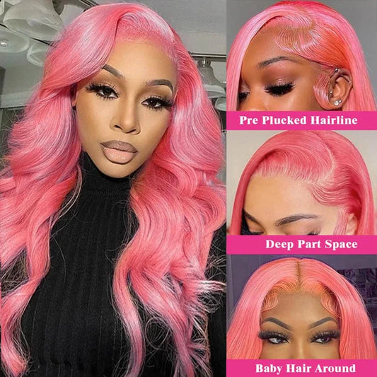 Pink Lace Front Human Hair Body Wave Wig