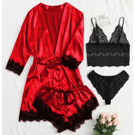 Women' Silk Satin Pajamas Set 4pcs