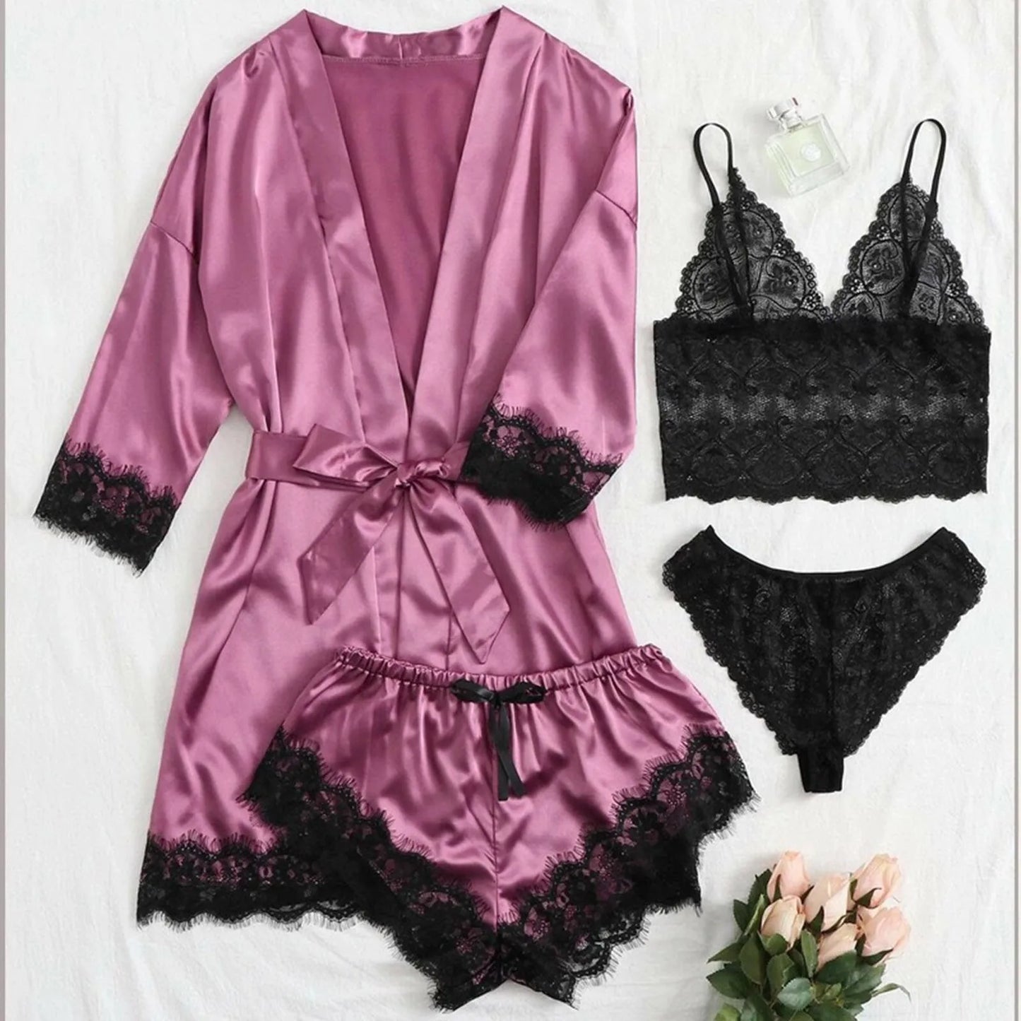 Women' Silk Satin Pajamas Set 4pcs