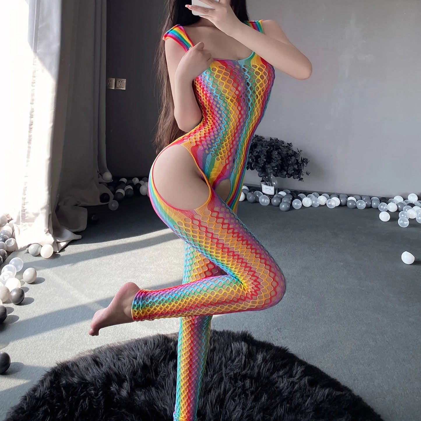 Sexy Hot Underwear Women Crotchless Side  Rainbow Bodysuit