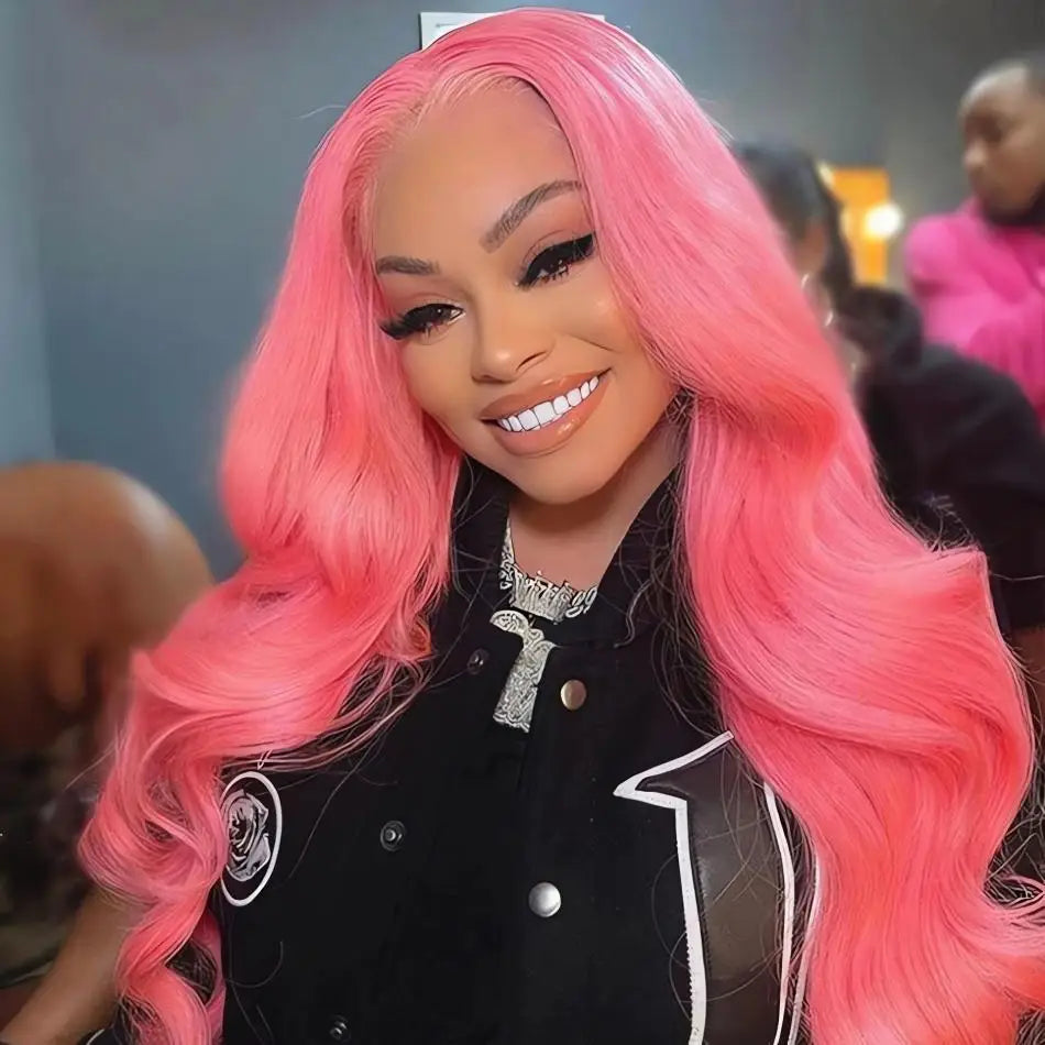 Rose Pink Lace Front Human Hair  Transparent Lace Frontal Wig