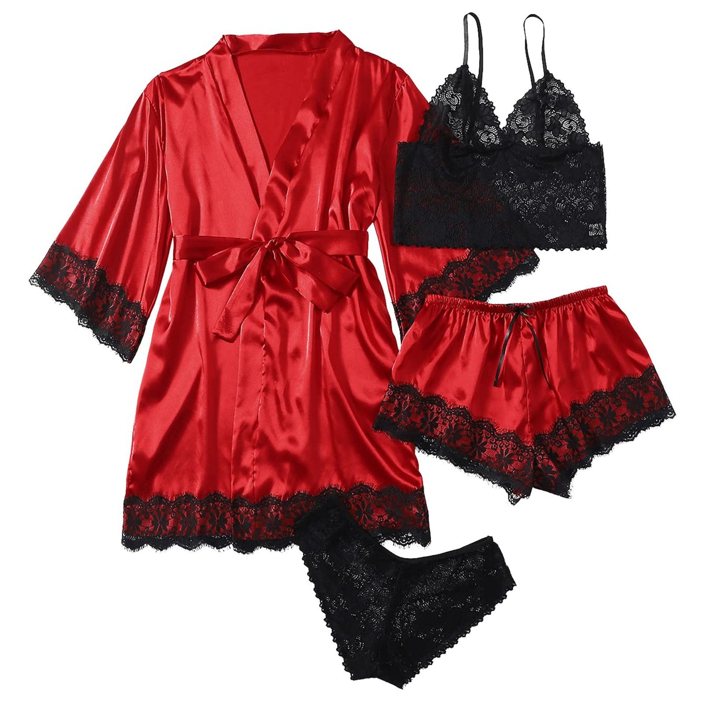 Women' Silk Satin Pajamas Set 4pcs