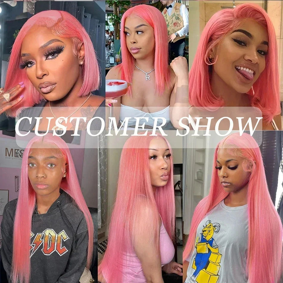 Rose Pink Lace Front Human Hair  Transparent Lace Frontal Wig