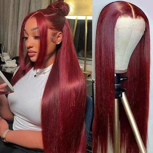 Burgundy straight human lace front wig