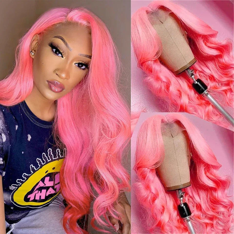 Rose Pink Lace Front Human Hair  Transparent Lace Frontal Wig