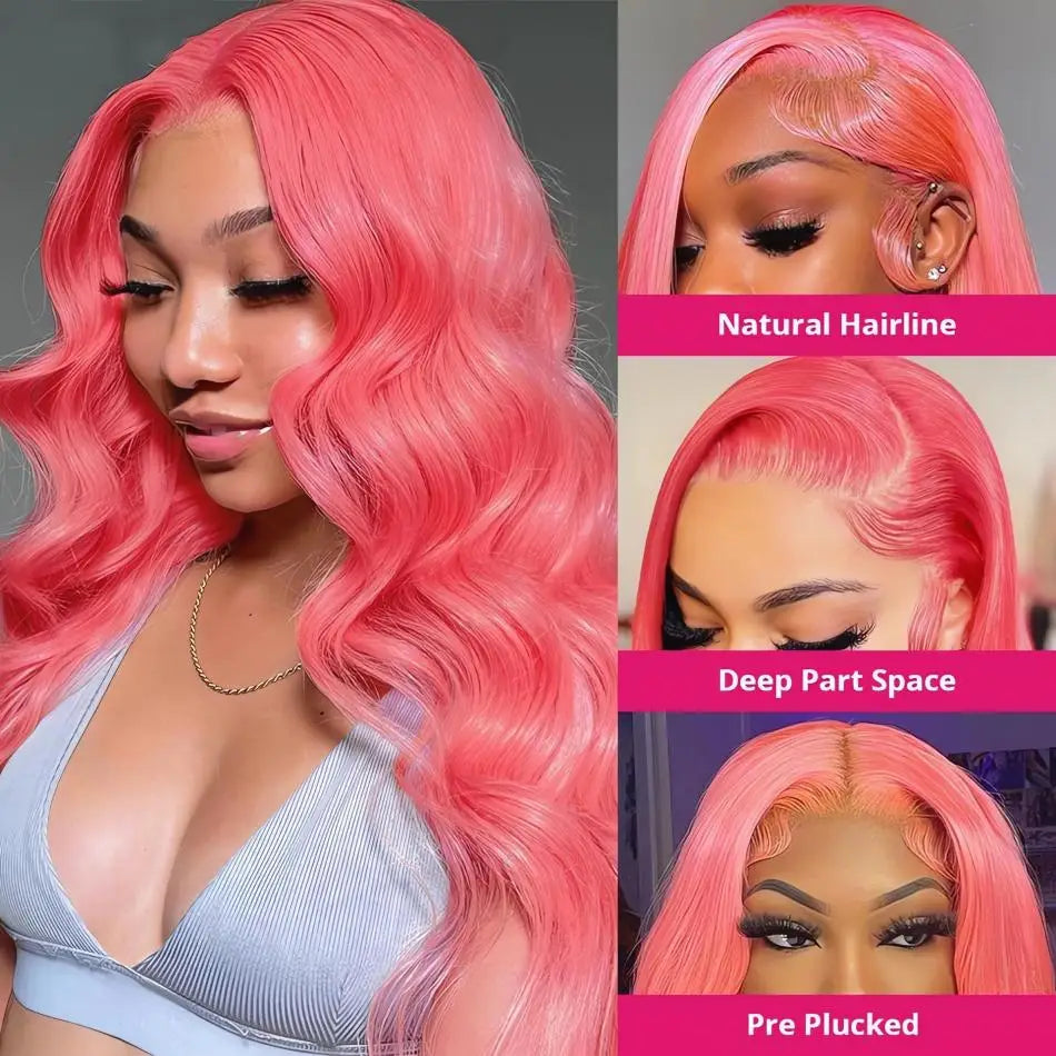 Rose Pink Lace Front Human Hair  Transparent Lace Frontal Wig