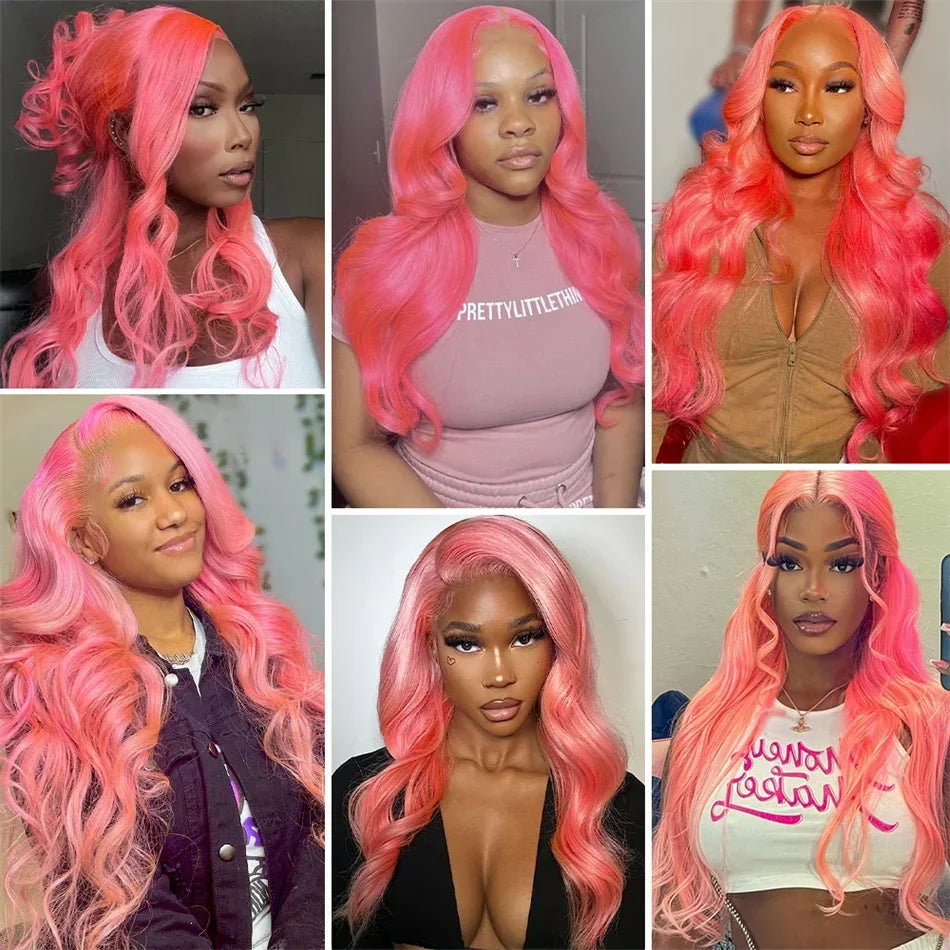 Rose Pink Lace Front Human Hair  Transparent Lace Frontal Wig